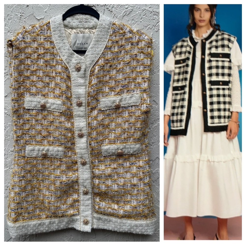 DREAM SISTER JANE Jacket Vest Women Medium Check‎ Tweed Sleeveless